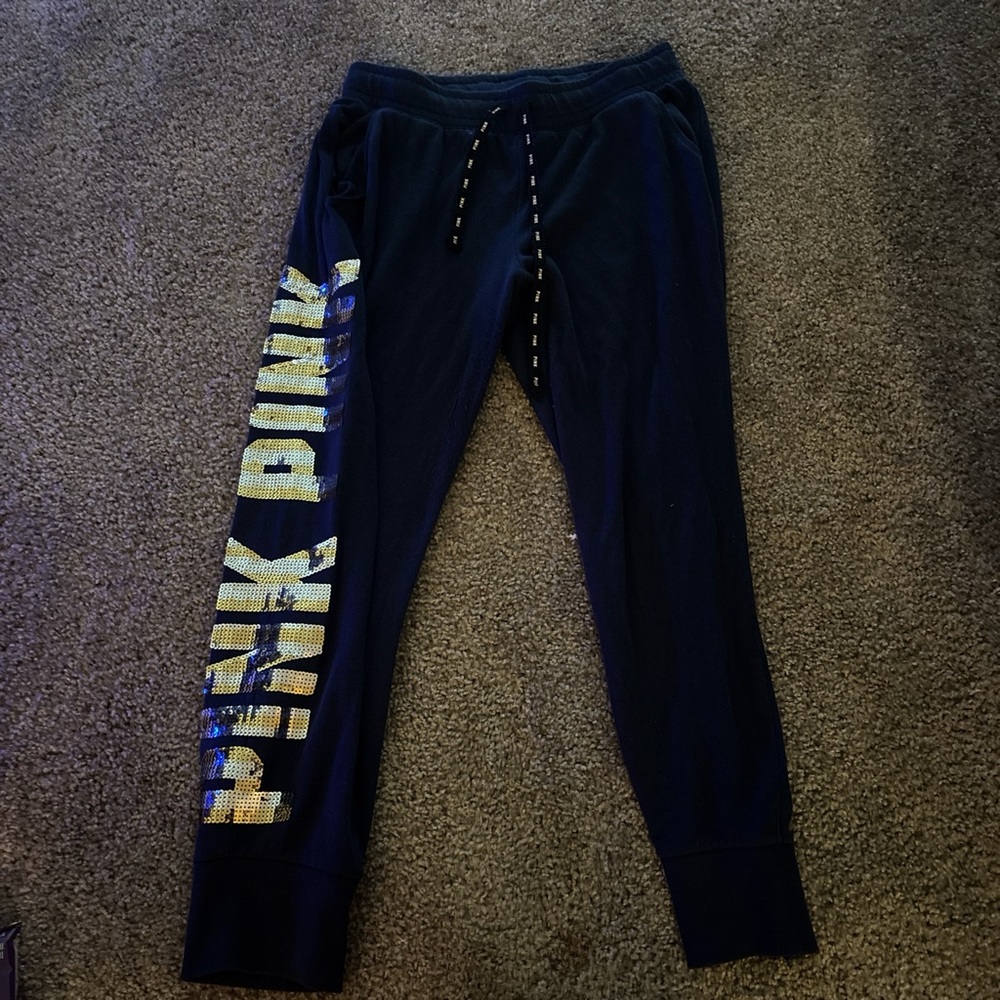 PINK Victoria's Secret Navy Blue Joggers with Silver Accents